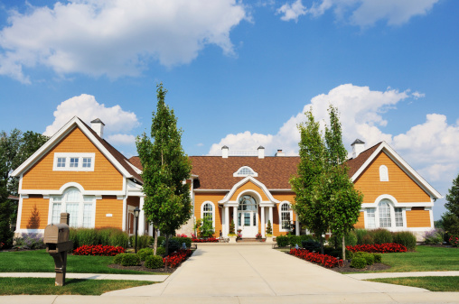 Suburban Colonial Home Walkway Sunny Blue Sky Day