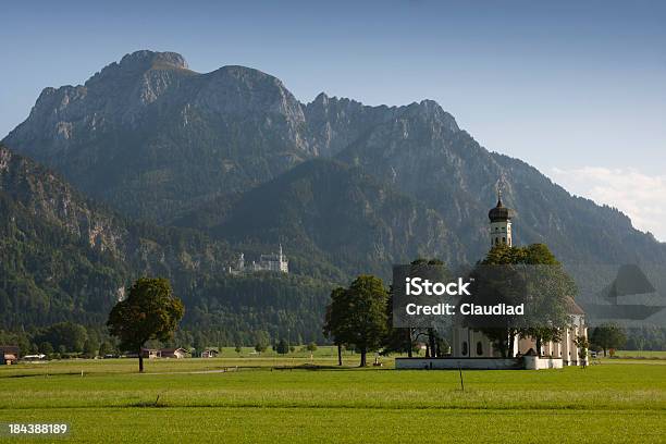 Castle Neuschwanstein And Church Stock Photo - Download Image Now - Neuschwanstein Castle, Allgau, Bavaria