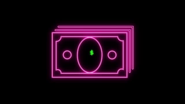 Neon Dollar banknote sign icon animated on a black background.