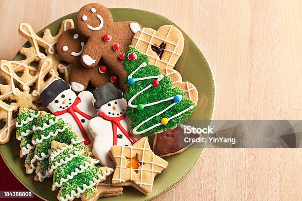 Christmas Cookie Holiday Plate Featuring Tree Gingerbread Snowman Snowflake Desserts Stock Photo - Download Image Now