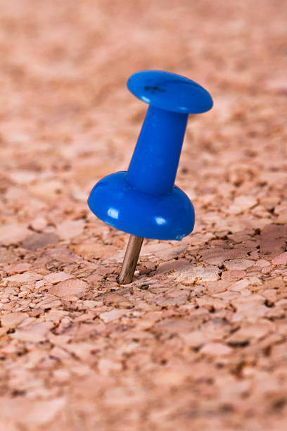 push pin sulla scheda di sughero - thumbtack bulletin board blue accuracy foto e immagini stock