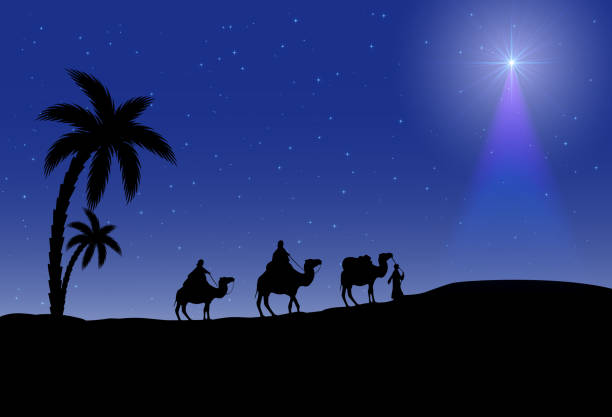 Three wise men and Christmas star Three wise men and Christmas star on night background, illustration. christmas three wise men camel christianity stock illustrations