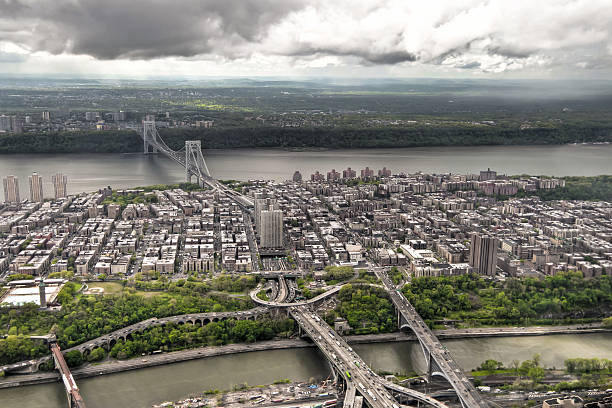 Manhattan bay from a helicopter, New York, USA. stock photo
