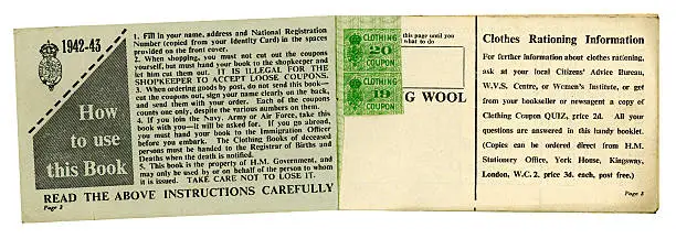 "Inside-front cover and first page of a British World War Two clothing coupons book, with two unused coupons, from 1942-43. In 1942 the ration was 48 coupons, which was cut to 36 in 1943 and reduced once more in 1945. Secondhand clothing was not rationed and people were encouraged to 'make do and mend'.More World War Two:"