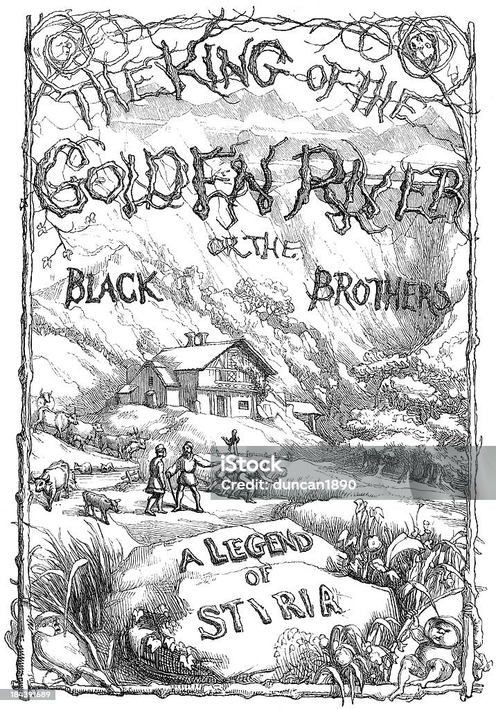 King of the Golden River "Vintage engraving from 1856 showing a scene from The King of the Golden River by John Ruskin a fairy tale, that illustrates the triumph of love, kindness, and goodness over evil. The Treasure Valley where the story takes place." Agricultural Activity stock illustration