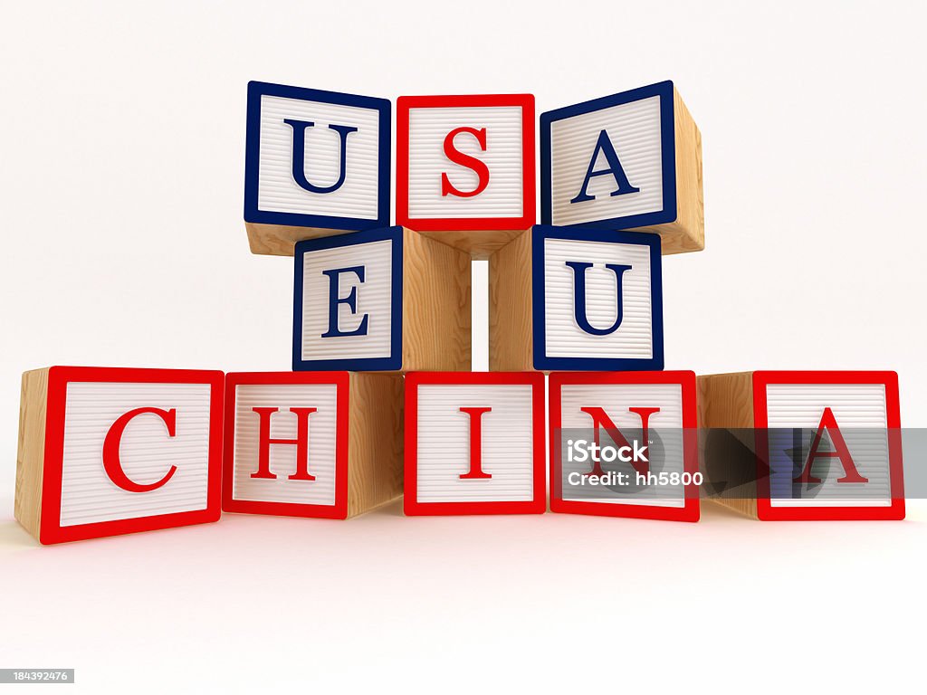 USA, Cina UE G3 cooperazione relazione rivalità concetti Building block - Foto stock royalty-free di A forma di blocco