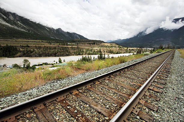Scenic view with train tracks leading off into the distance with high mountains in background.