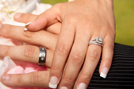 Hands of Bride and Groom with wedding rings plus bouquet