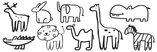 Vector illustration of Collection of cute baby animals. Deer, elephant, crocodile, giraffe, bunny, lion, camel, hippo, zebra.