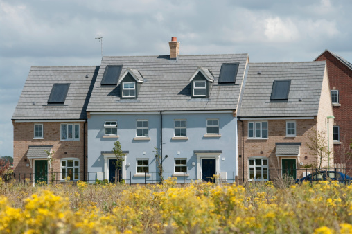 A row of newly built three storey houses. Terraced with middle houses in blue render and end terrace faced in brick. Viewed through a meadow of weeds.