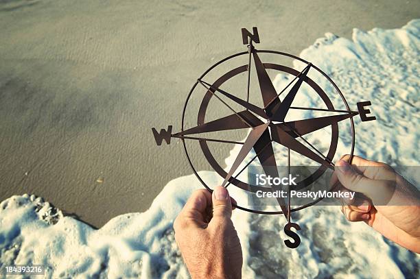 Hands Holding Compass Over Waves Rushing On Beach Stock Photo - Download Image Now - Spirituality, Mystery, Guidance