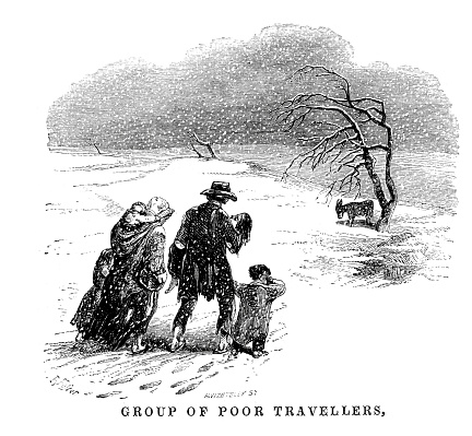 Vintage engraving from 1850 of a group of poor travellers walking in a winter snow storm