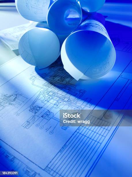 Rolls Of Blueprints Stock Photo - Download Image Now - Architect, Blue, Blueprint