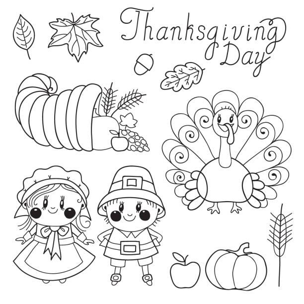 추수감사절 - thanksgiving pilgrim turkey little girls stock illustrations