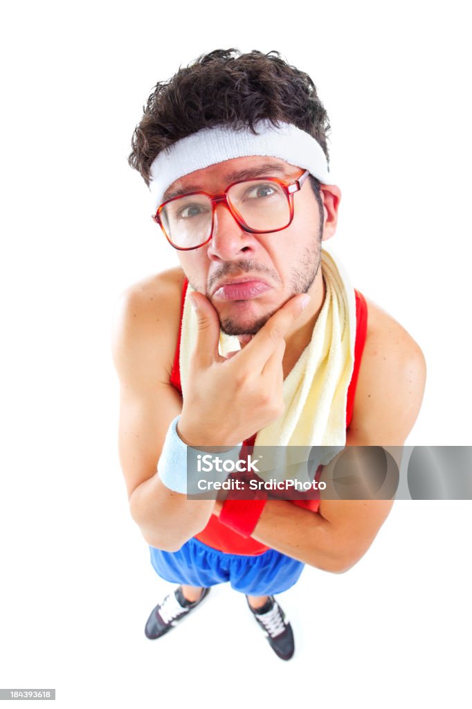 Divertente sportivo con gli occhiali isolato su sfondo bianco - Foto stock royalty-free di Adulto