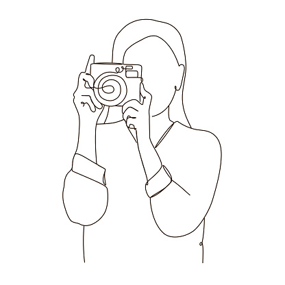 Continuous line art of young woman holding a camera both hands taking photos. look at camera. front view. waist up.