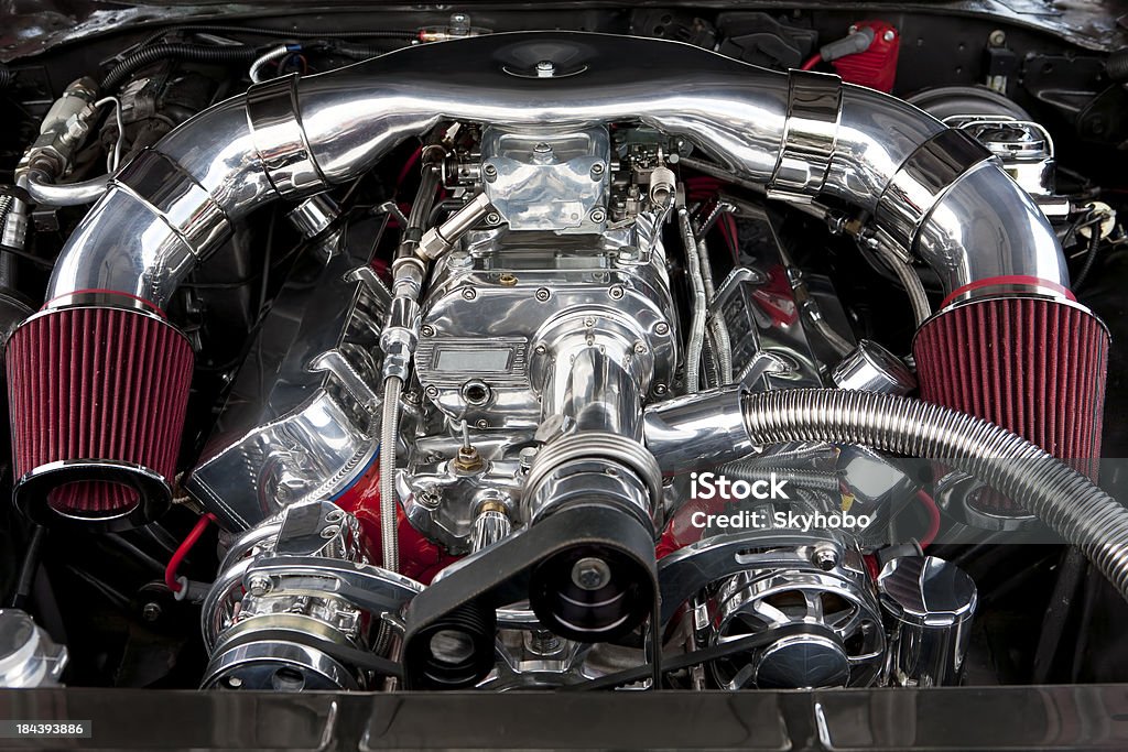 Supercharged Hotrod Engine A hotrod engine with a supercharger and dual air intakes Engine Stock Photo