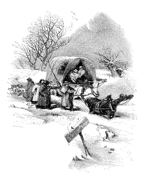 Caught in the snow Vintage engraving from 1850 of a group of people travelling through the snow covered wagon horse cart snow winter stock illustrations