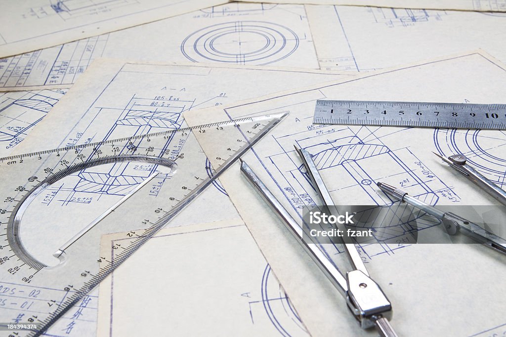 mechanical drawing detail and design tools  Blueprint Stock Photo