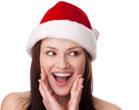 Santa Helper Woman Surprised isolated on white 