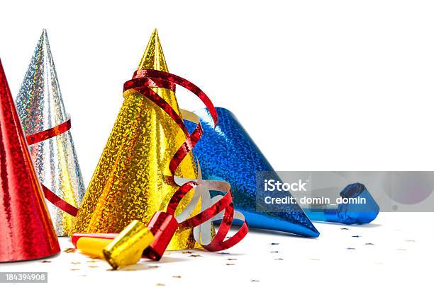 Closeup Of Multicoloured Party Hats Isolated On White Background Stock Photo - Download Image Now