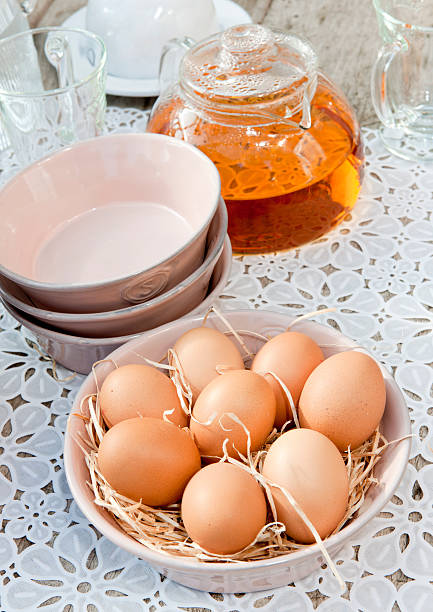 istock brown boiled eggs and teapot on picnic table 184395466