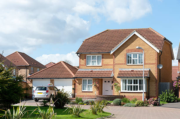Newly built detached house with double garage stock photo