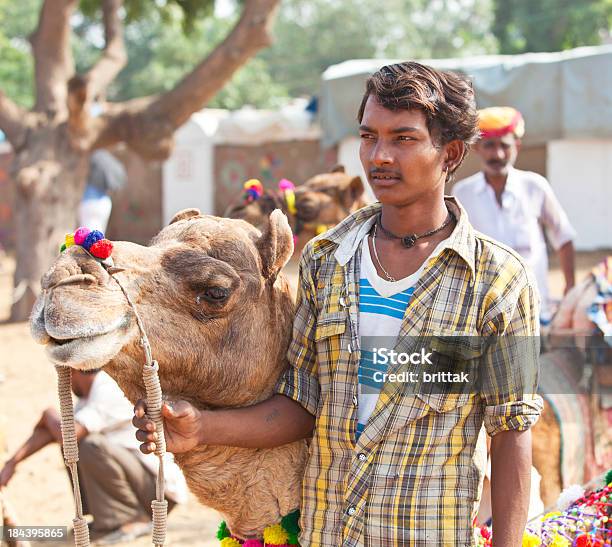 Young Man With Decorated Camel At Pushkar Market India Stock Photo - Download Image Now