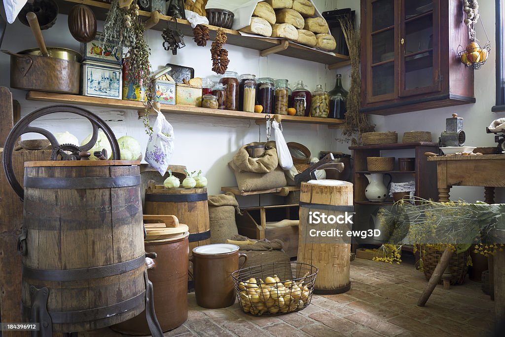 Old Rustic Pantry Interior "Old Rustic Kitchen Interior in  an old farmhouse, Kaszuby, PolandSee more OLD INTERIORS images here:" Pantry Stock Photo