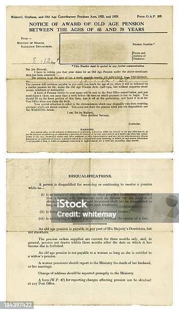 Photo libre de droit de Avis De British Âge Retraite 1930 banque d'images et plus d'images libres de droit de 1930 - 1930, D'autrefois, Document