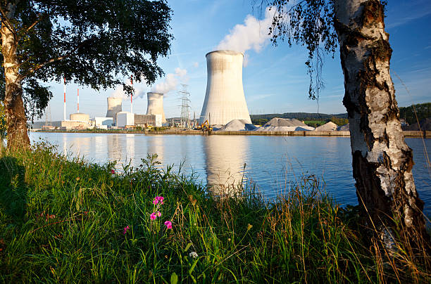 Nuclear Power Station At River stock photo