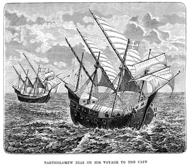 Bartolomeu Dias on his voyage to the Cape "Vintage engraving from 1878 of Bartolomeu Dias on his voyage to the Cape. Bartolomeu Dias or Bartholomew Diaz 1451 to 1500, was a nobleman of the Portuguese royal household, and a Portuguese explorer who sailed around the southernmost tip of Africa in 1488, the first European known to have done so." africa antique old fashioned engraving stock illustrations