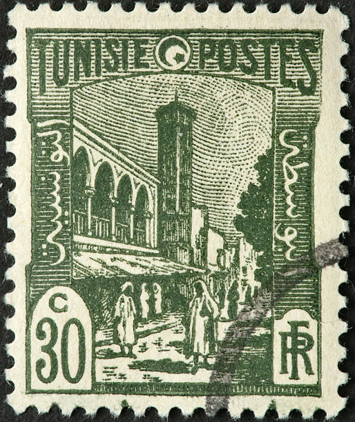 istock city street view on old Tunisian postage stamp 184398558