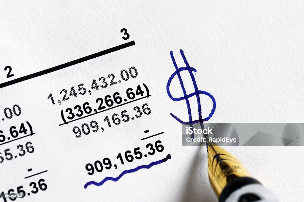 Pen adds dollar sign to financial statement A fountain pen underlines numbers and writes the $ sign on a printout of a financial statement. Bank Statement Stock Photo