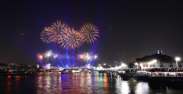 istock Light and firework show over the old steel bride ,Phra Phuttha Yodfa Bridge at Bangkok, Thailand Theme Vijit Chao Phraya 2023 Bangkok Thailand 1843988428