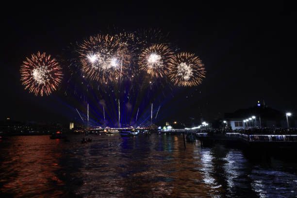 istock Light and firework show over the old steel bride ,Phra Phuttha Yodfa Bridge at Bangkok, Thailand Theme Vijit Chao Phraya 2023 Bangkok Thailand 1843988441