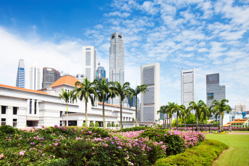 Horizontal shot of the parliament house in Singapore and skyline in background.