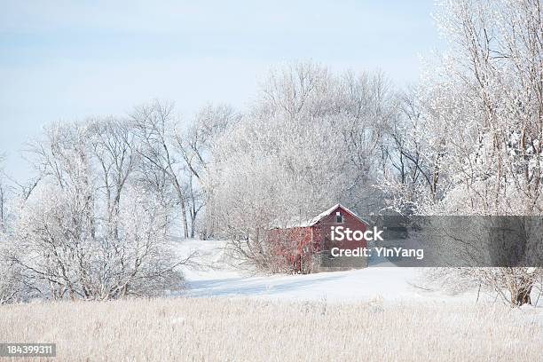 Красный Barn И Farm Field In Winter Snowy — стоковые фотографии и другие картинки Амбар - Амбар, Дерево, За городом