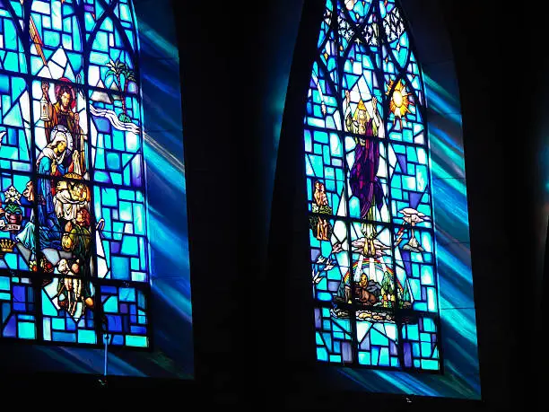 "Biblical scenes are pictured in the stained glass windows of Saint-Paul catholic church in Princeton, NJ."