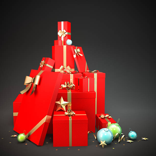 istock Big stack of Christmas red gift boxes with golden ribbons. 184399771