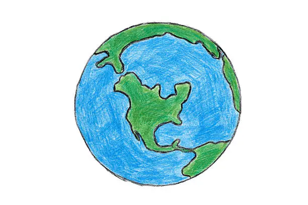 Earth hand-drawn with colored pencils. White Background.Image was hand drawn by myself.