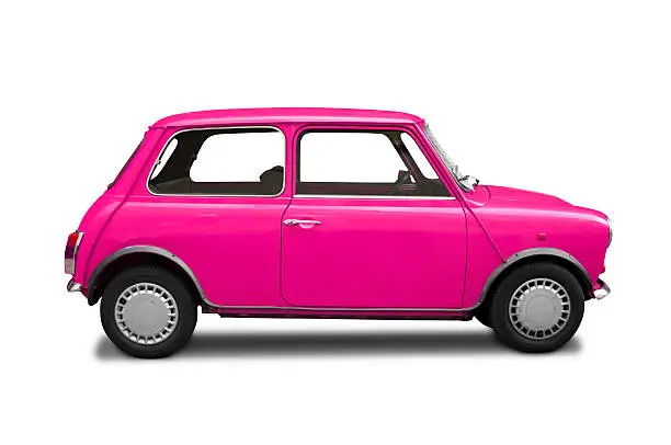 Classic Mini Cooper pink on white background.
