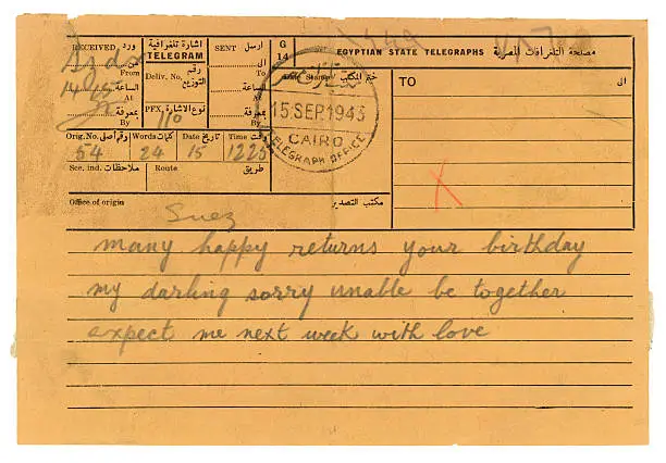 A telegram sent from Suez (via Cairo) during World War Two. Personal details removed.