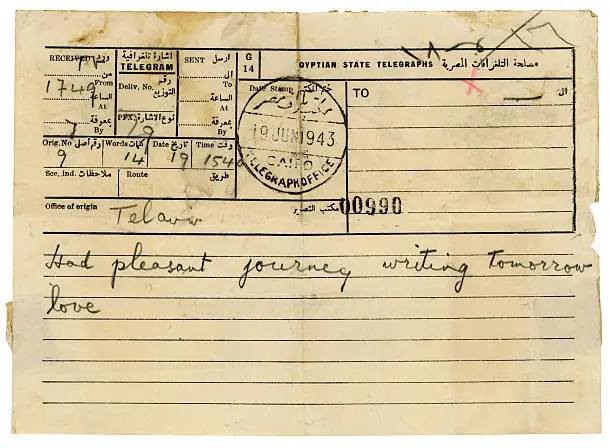A telegram sent from Tel Aviv (via Cairo) during World War Two. Personal details removed.