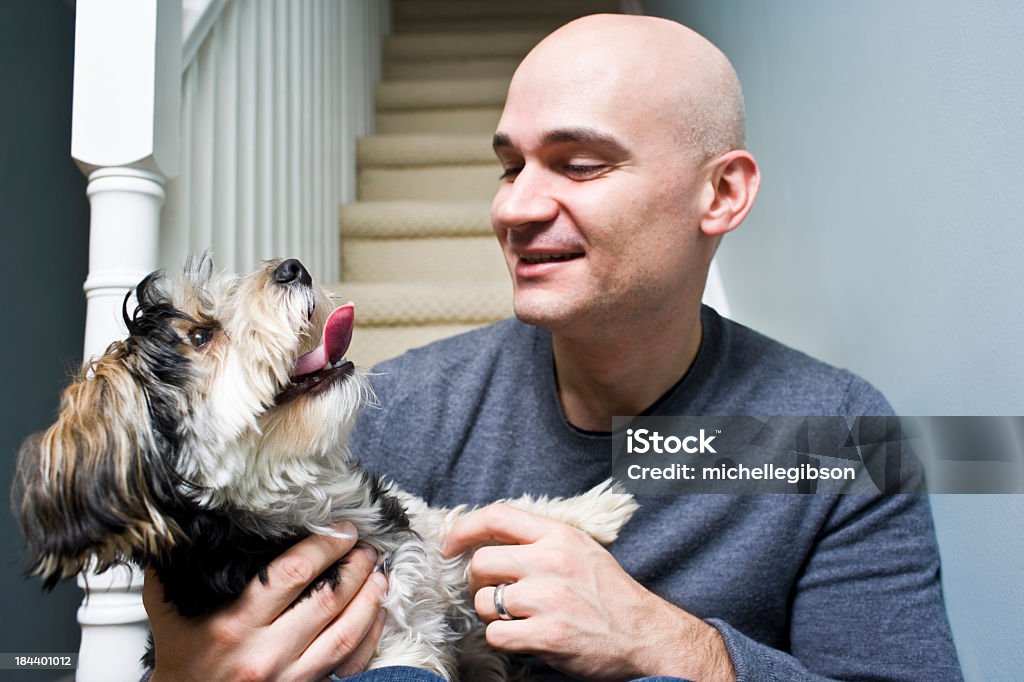 Homem sentado e jogar com o cão - Royalty-free Adulto Foto de stock