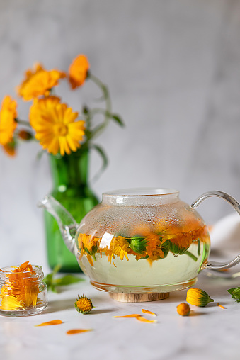 A teapot with calendula. Prevention of diseases. Antivirus.