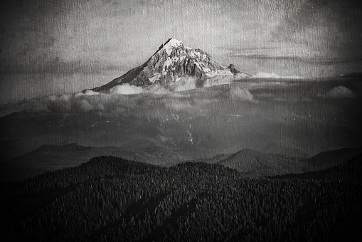 View of Mt. Hoot in Oregon with an aged photo effect.