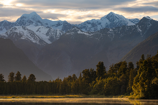 Beautiful scenery landscape of the Matheson Lake Fox Glacier town Southern Alps Mountain Valleys New Zealand stock photo