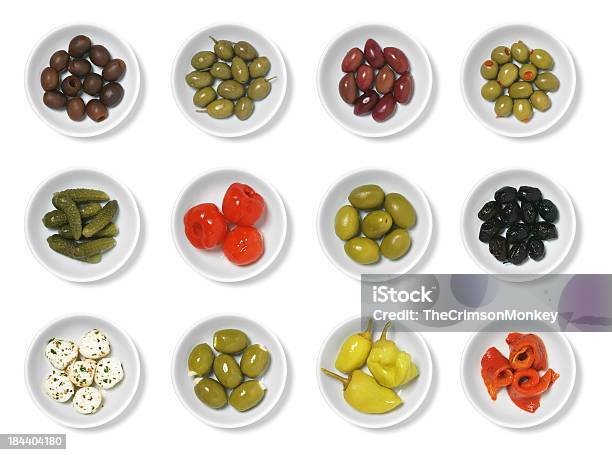 Olives And Antipasto Stock Photo - Download Image Now - Olive - Fruit, High Angle View, White Background