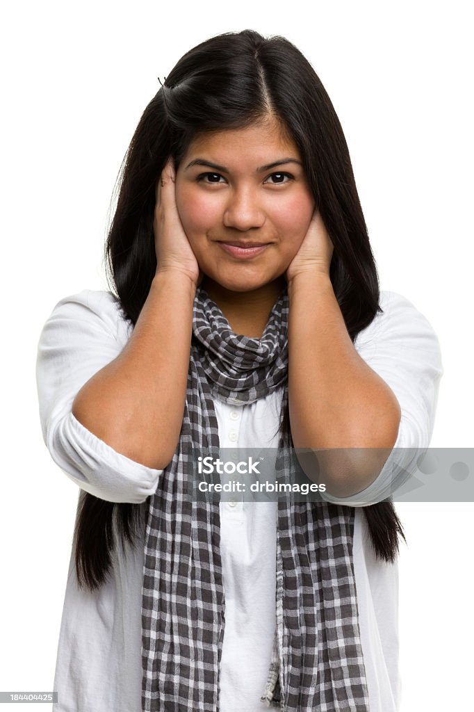 Female Portrait Portrait of a young woman on a white background. http://s3.amazonaws.com/drbimages/m/ja.jpg Hands Covering Ears Stock Photo